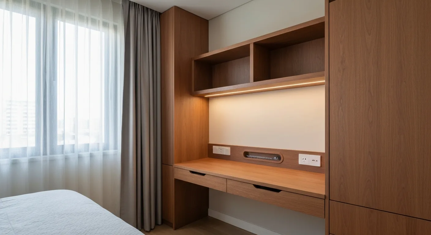 Built-in study corner with overhead shelving in Singapore bedroom