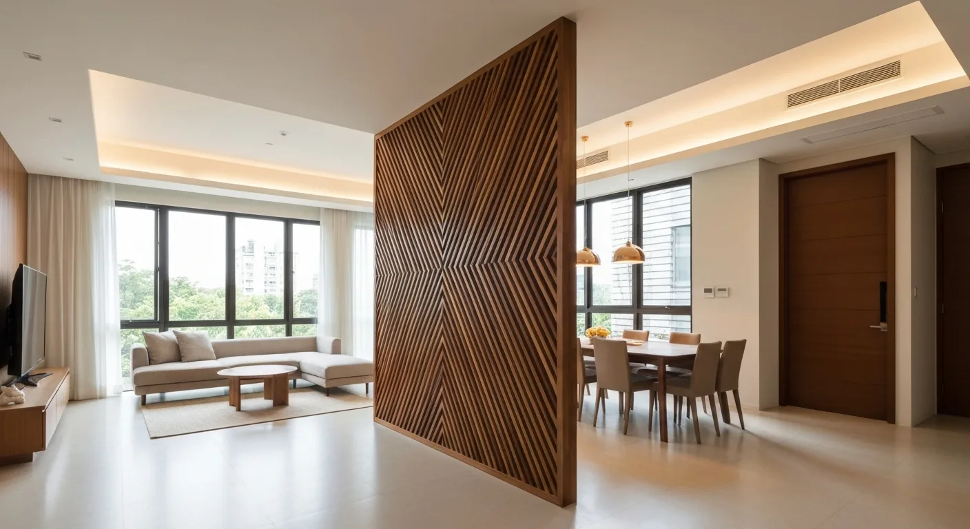 Custom geometric room divider in solid wood