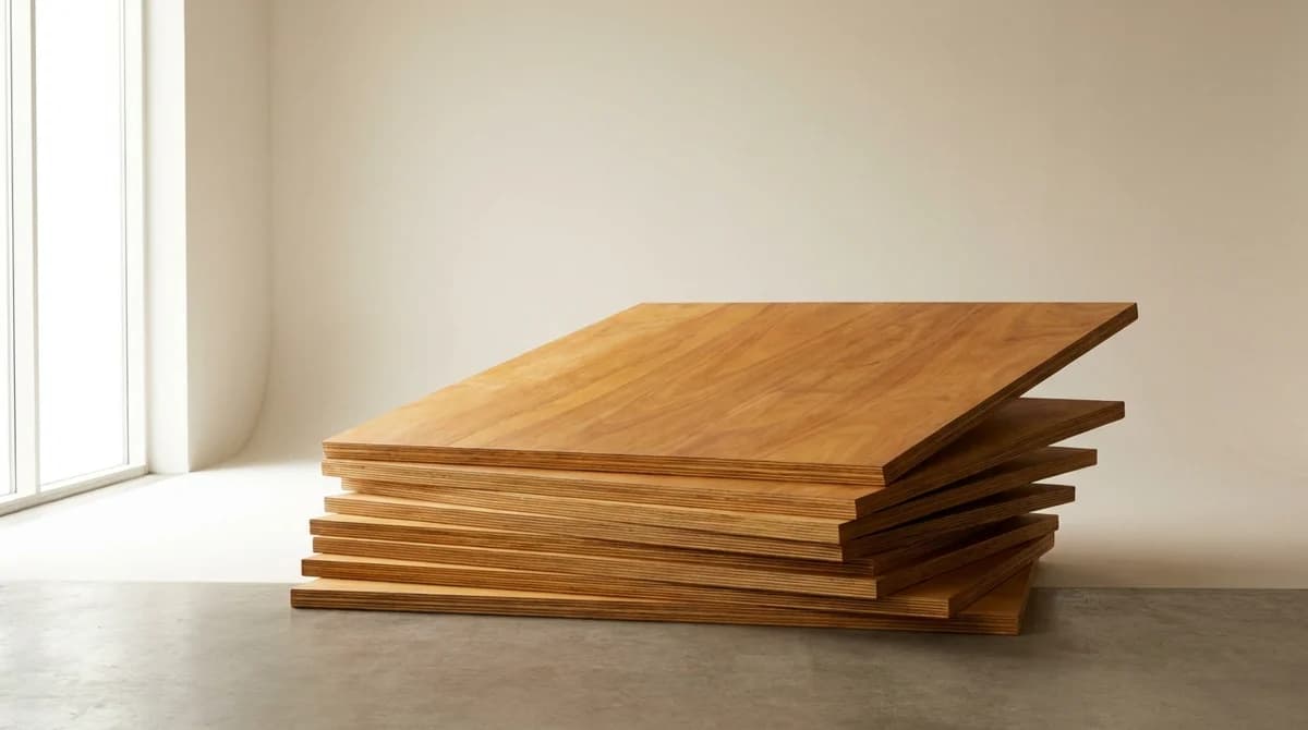 Stack of premium BestPly E0-grade plywood panels showing natural wood grain