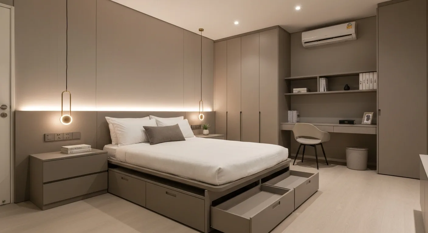 Built-in study desk with overhead shelving in HDB bedroom