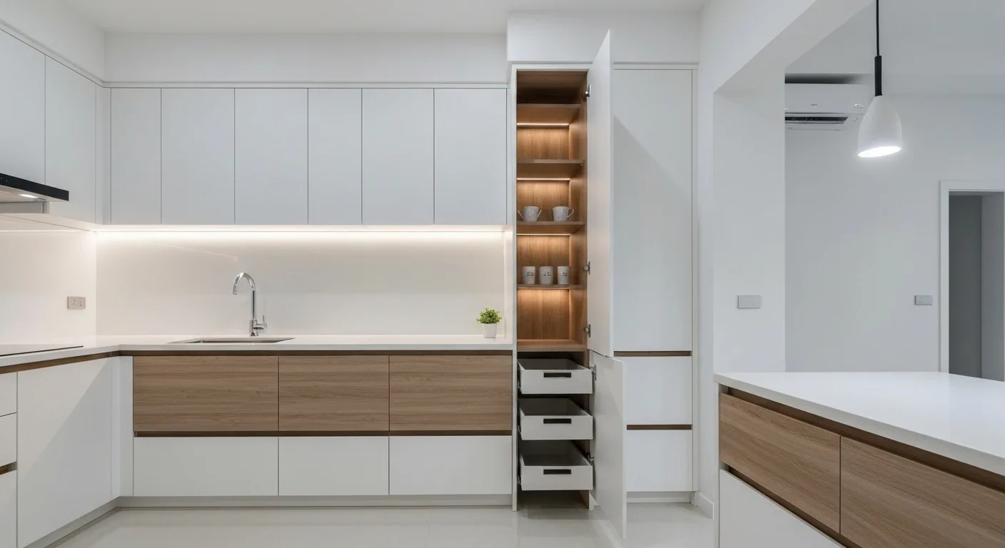 HDB kitchen with custom top and bottom cabinets and soft-close hardware