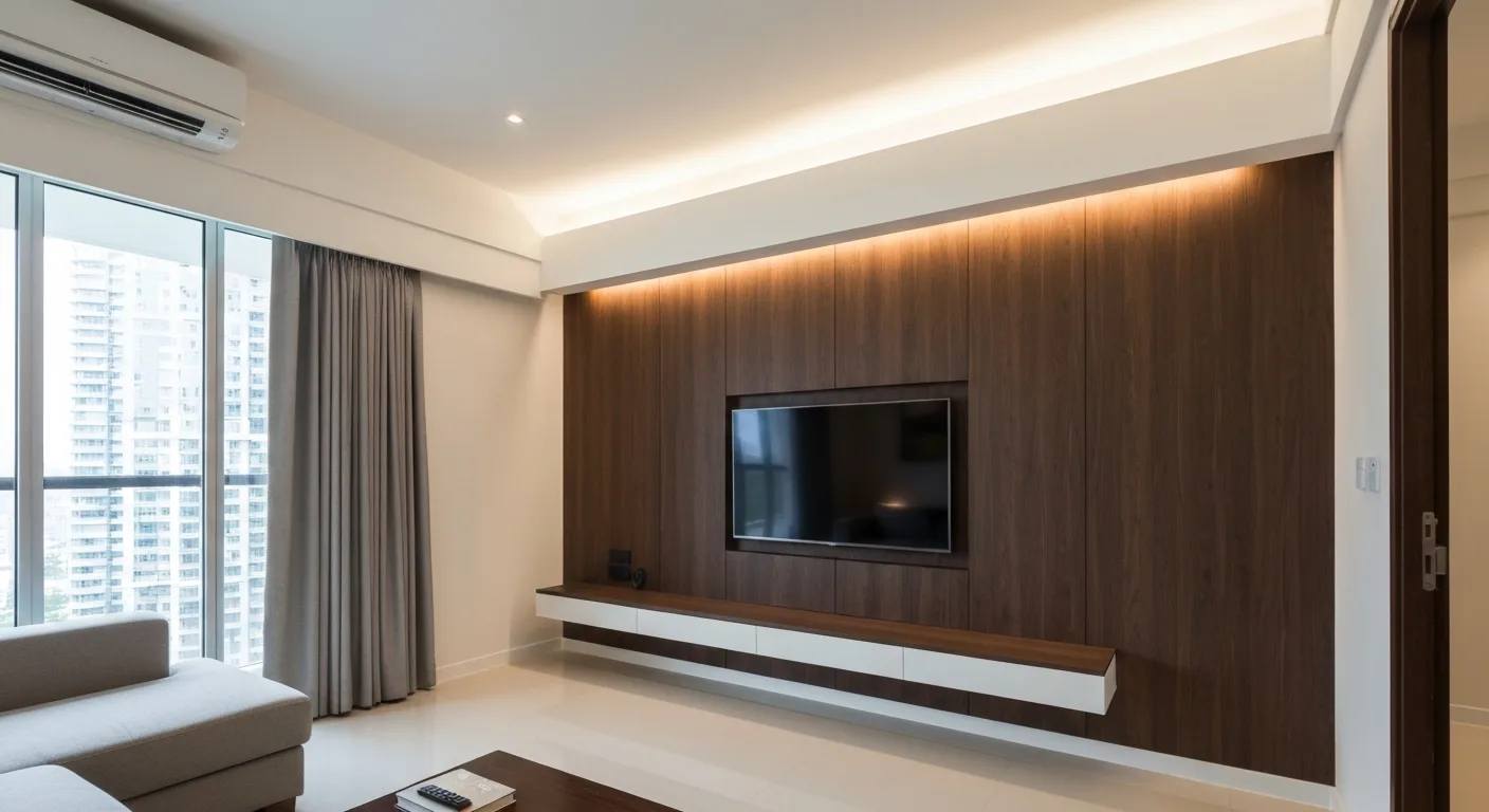 Wood panel feature wall with concealed lighting
