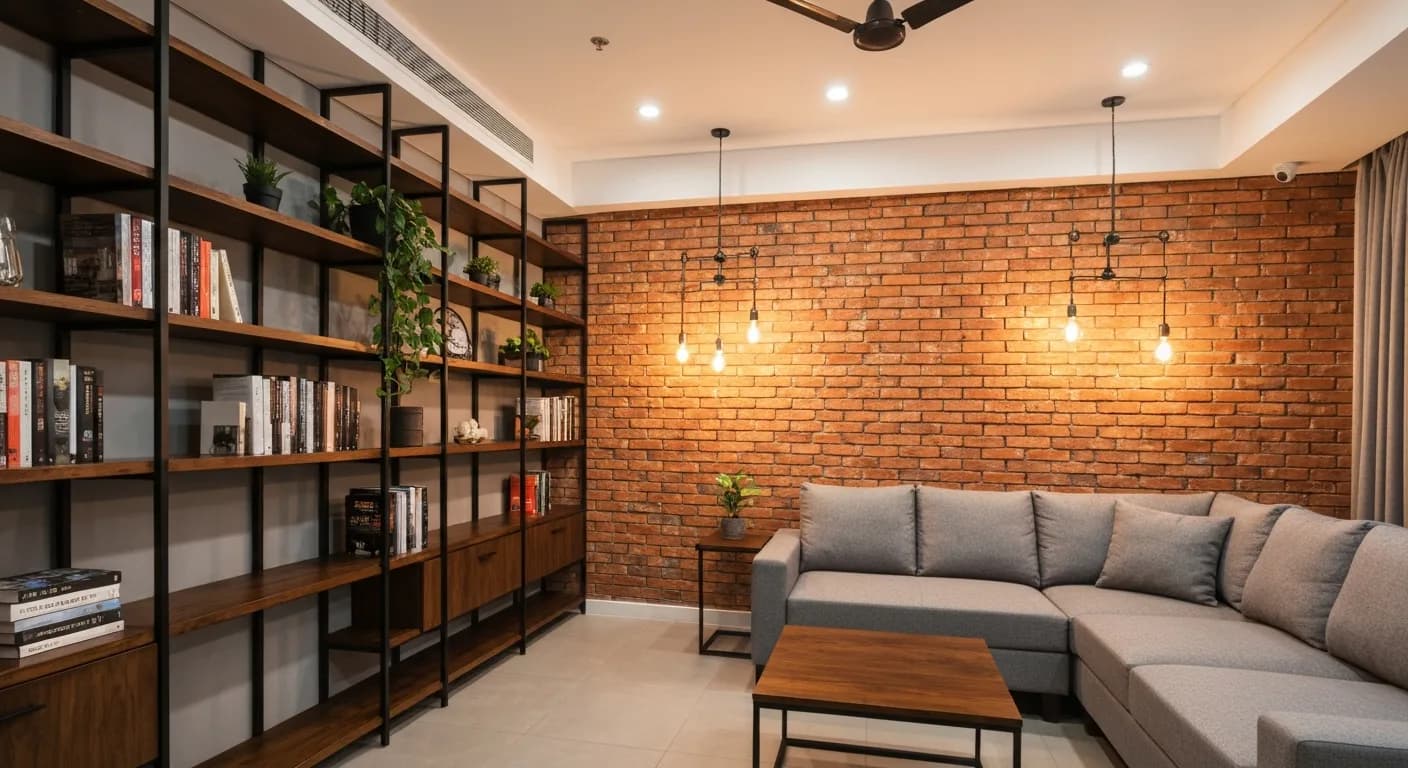 Industrial style living room with dark wood and metal