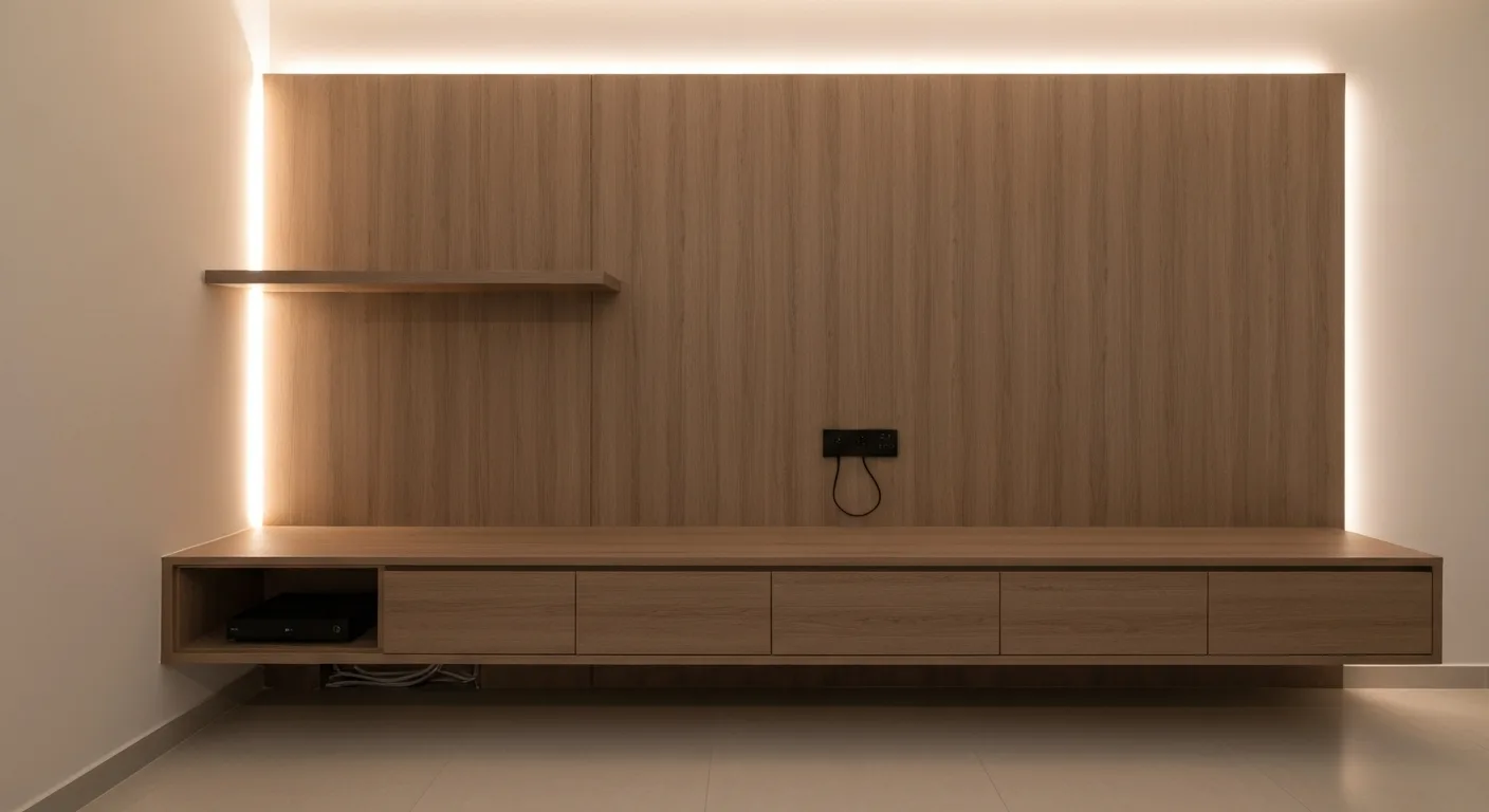 Wall-mounted TV console with cable management in HDB living room
