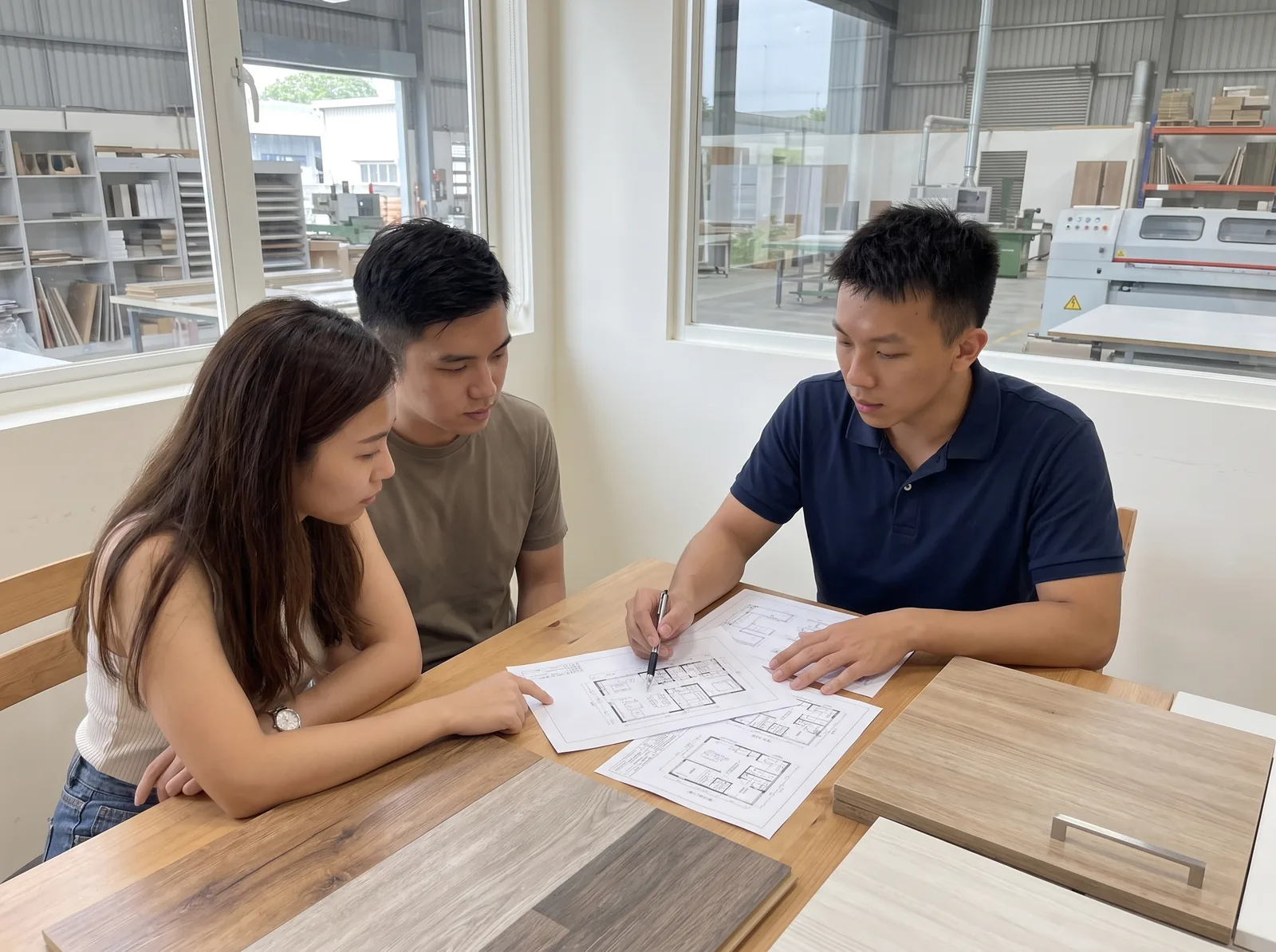 Darren Diong reviewing kitchen drawings and laminate samples with homeowners