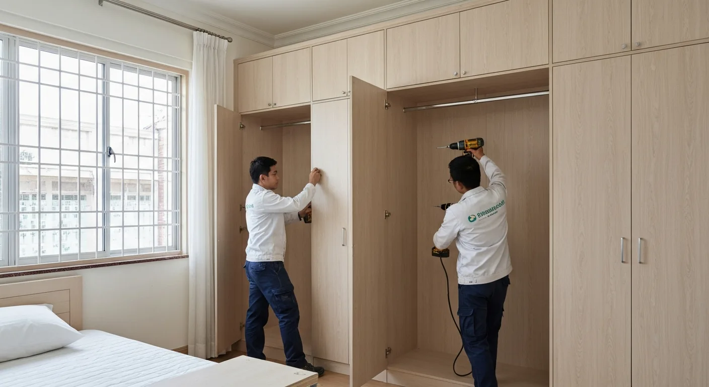 Professional carpenters installing built-in wardrobe