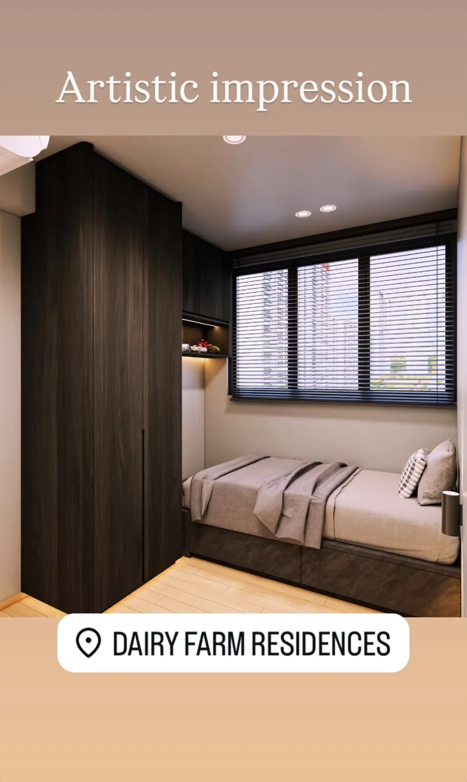3D design of the Dairy Farm Residences bedroom: a dark woodgrain wardrobe beside a bed under the window