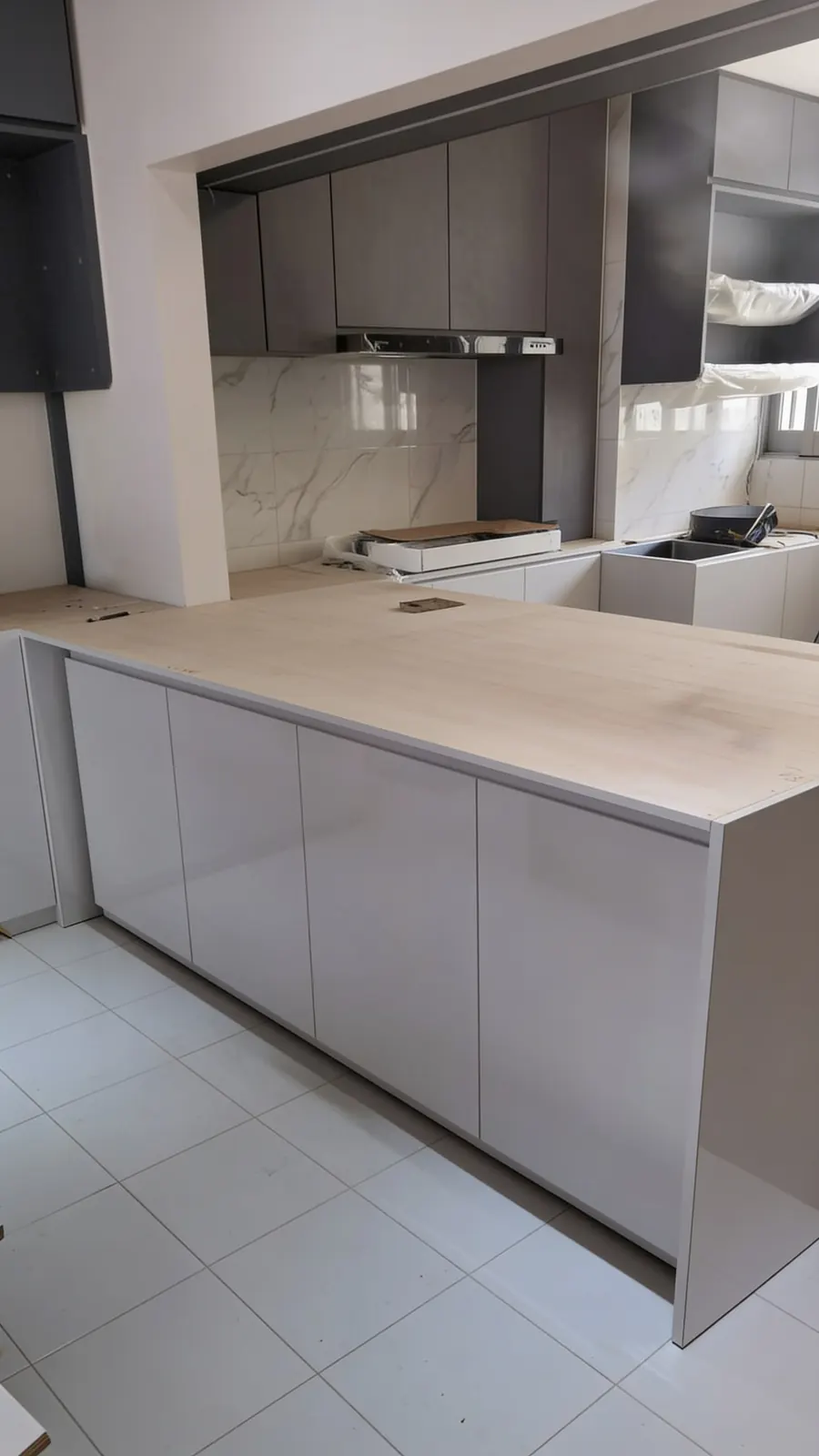 Kitchen island cabinets installed in a 3-room HDB flat in Punggol