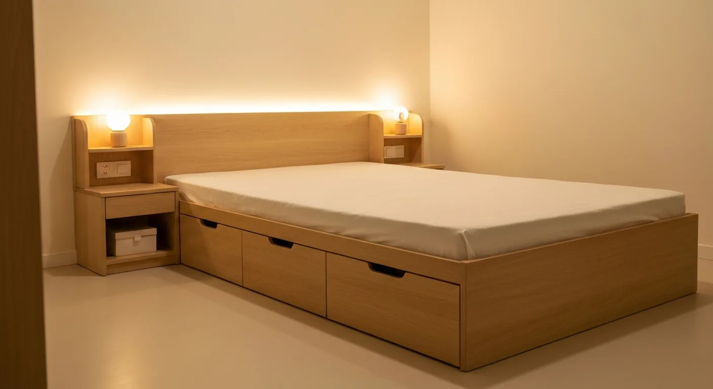 Platform bed with under-bed storage drawers in Singapore bedroom