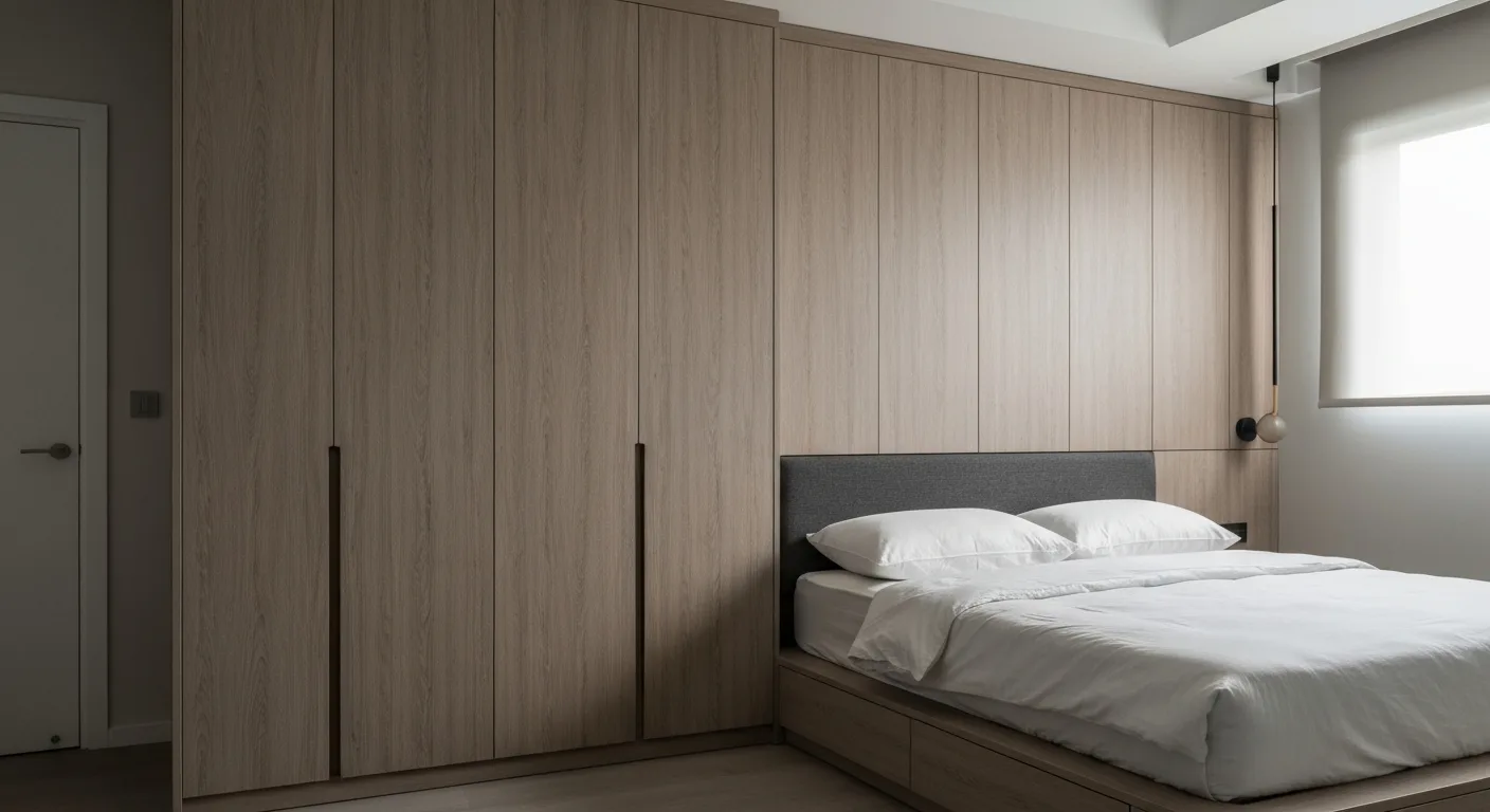 Full-height built-in wardrobe matching platform bed design