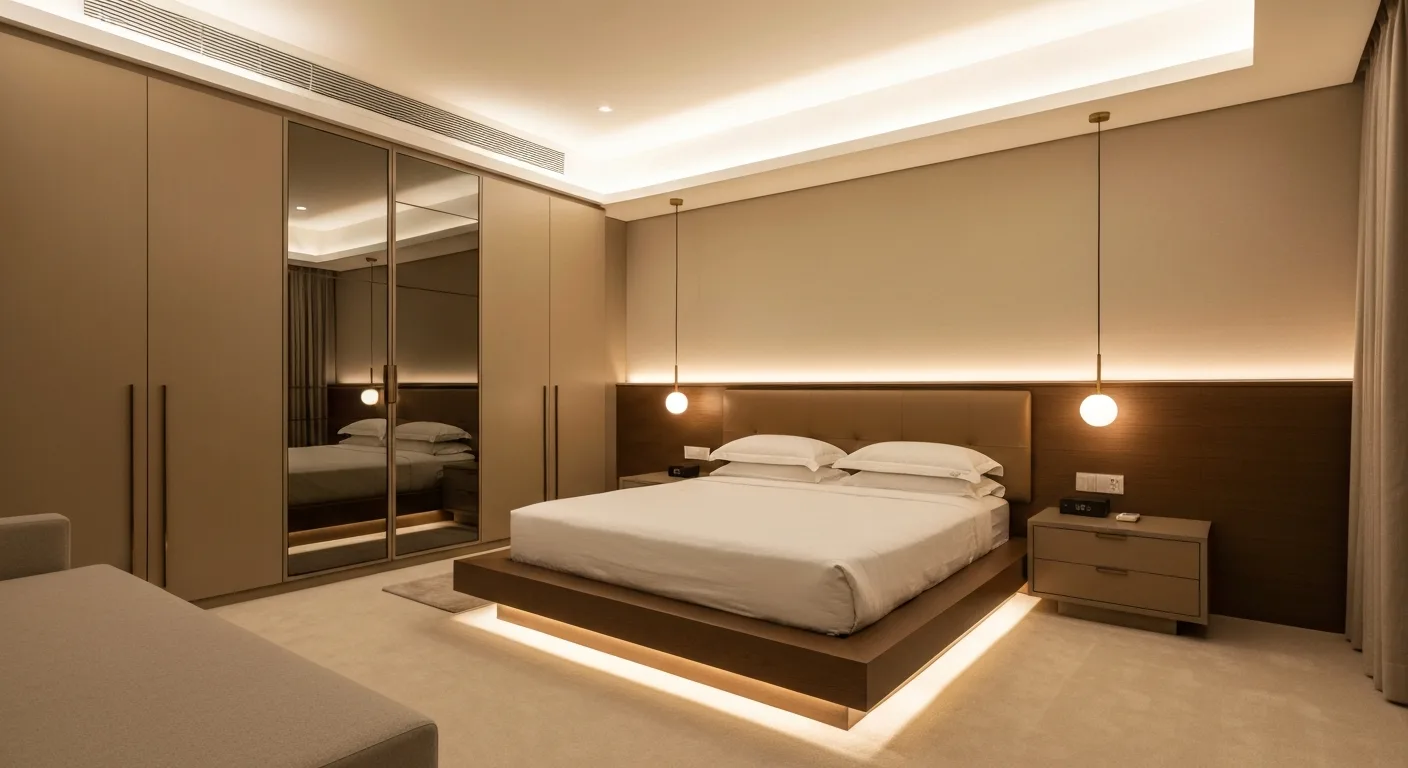 Condo master bedroom with built-in wardrobe and platform bed