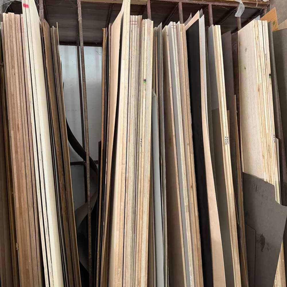 Our board rack: plywood, laminate and veneer sheets stored on edge ready for cutting
