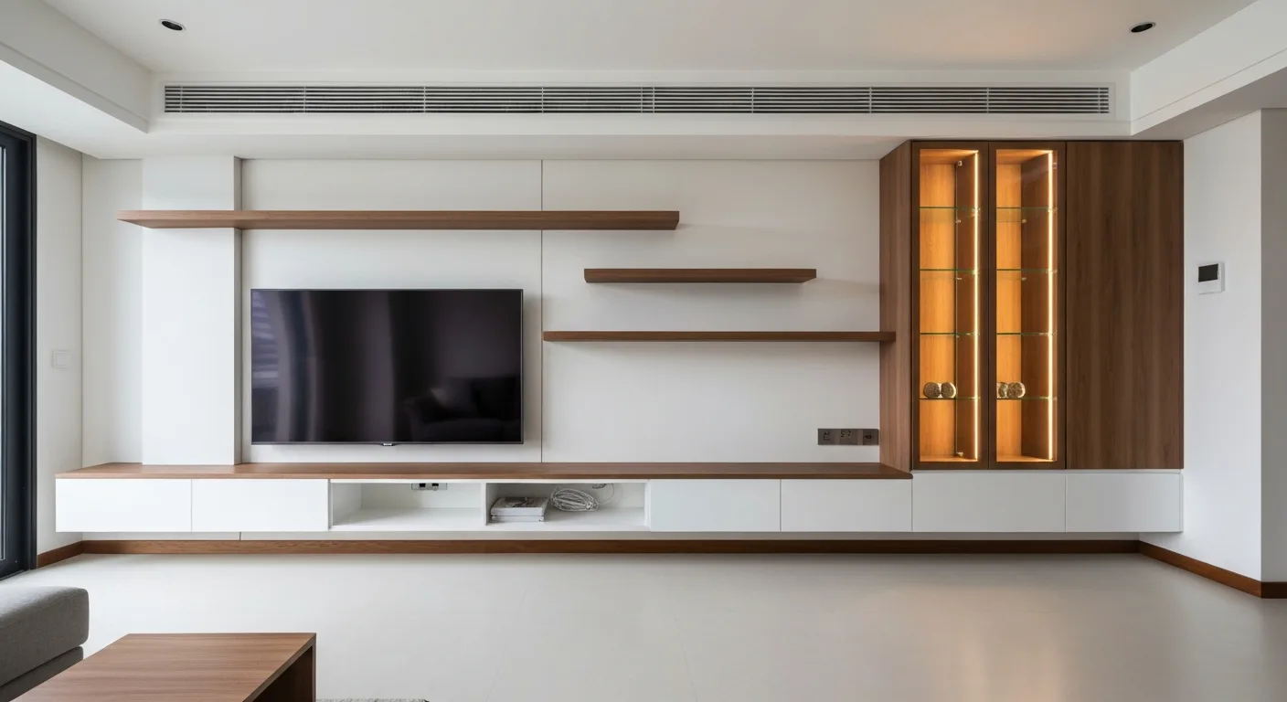 Condo living room with feature wall and TV console