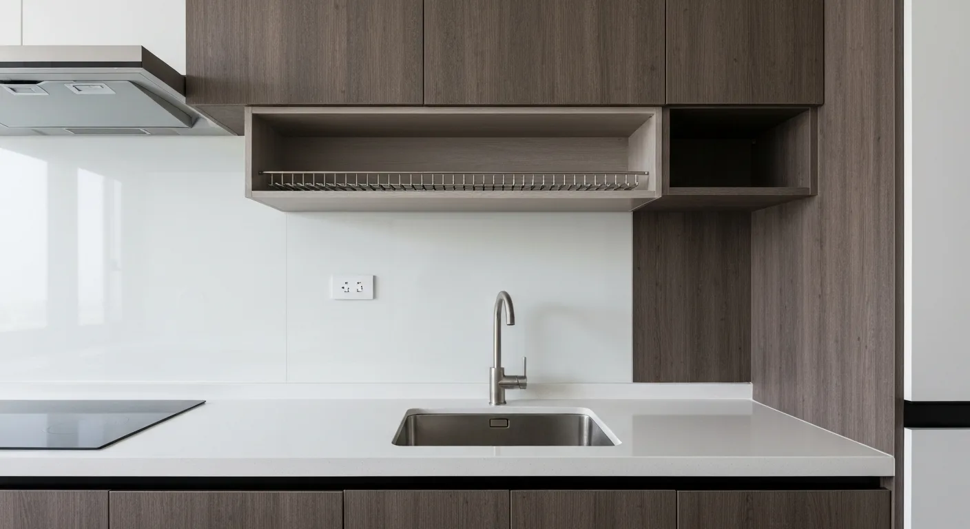 Quartz countertop with undermount sink and custom base cabinets