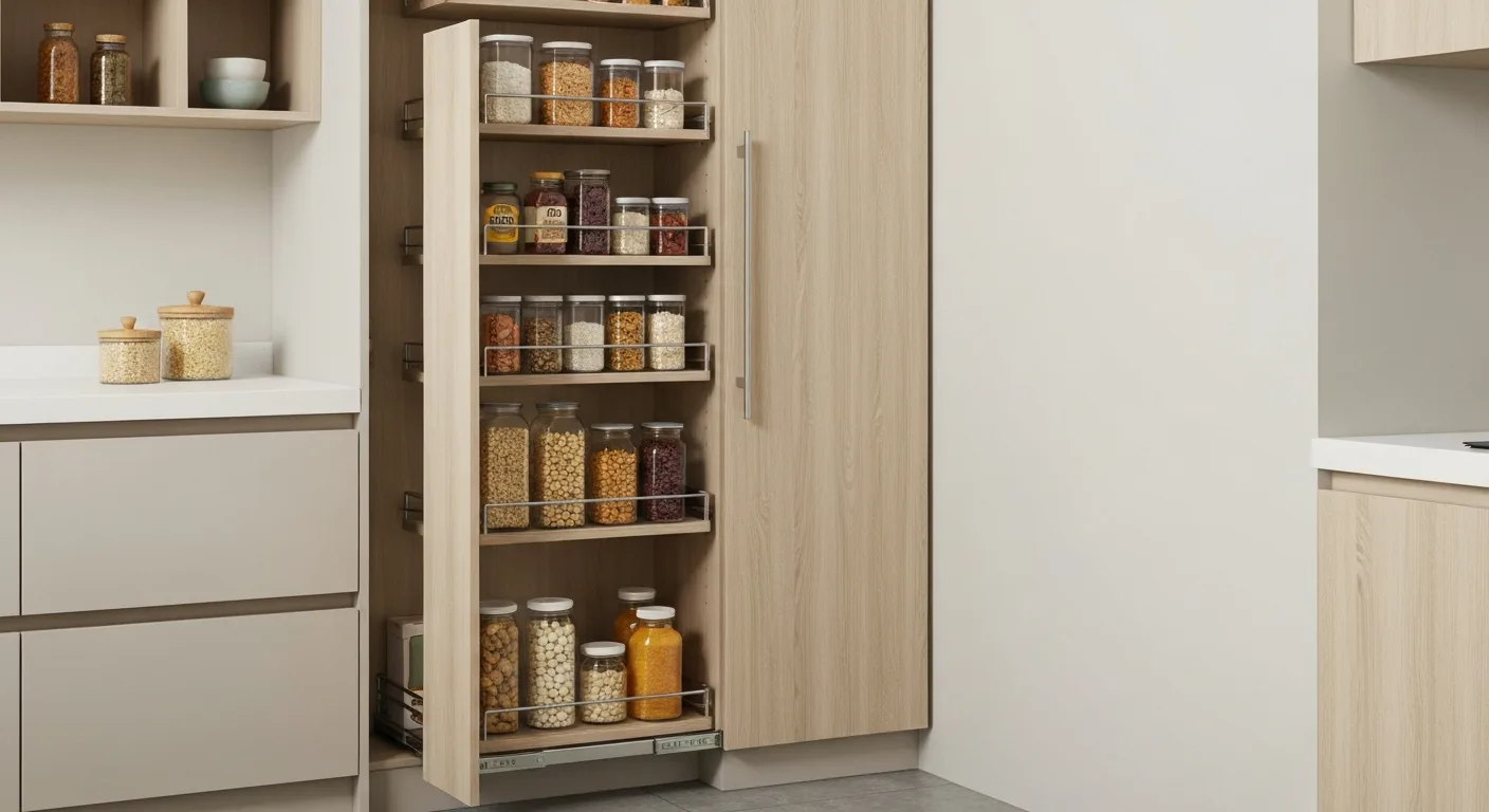Pull-out pantry cabinet with organized storage in HDB kitchen