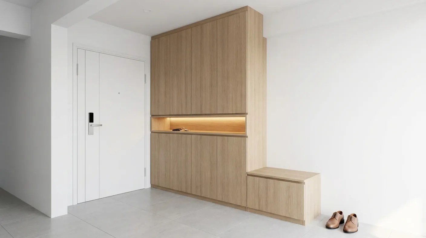 3D mockup of a full-height shoe cabinet by an HDB front door