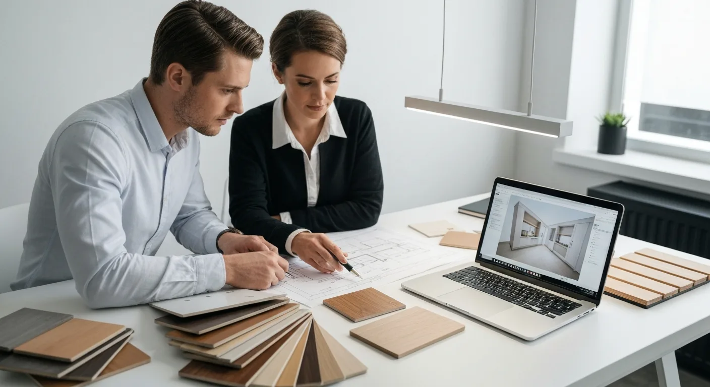 Designers reviewing carpentry blueprints and material samples