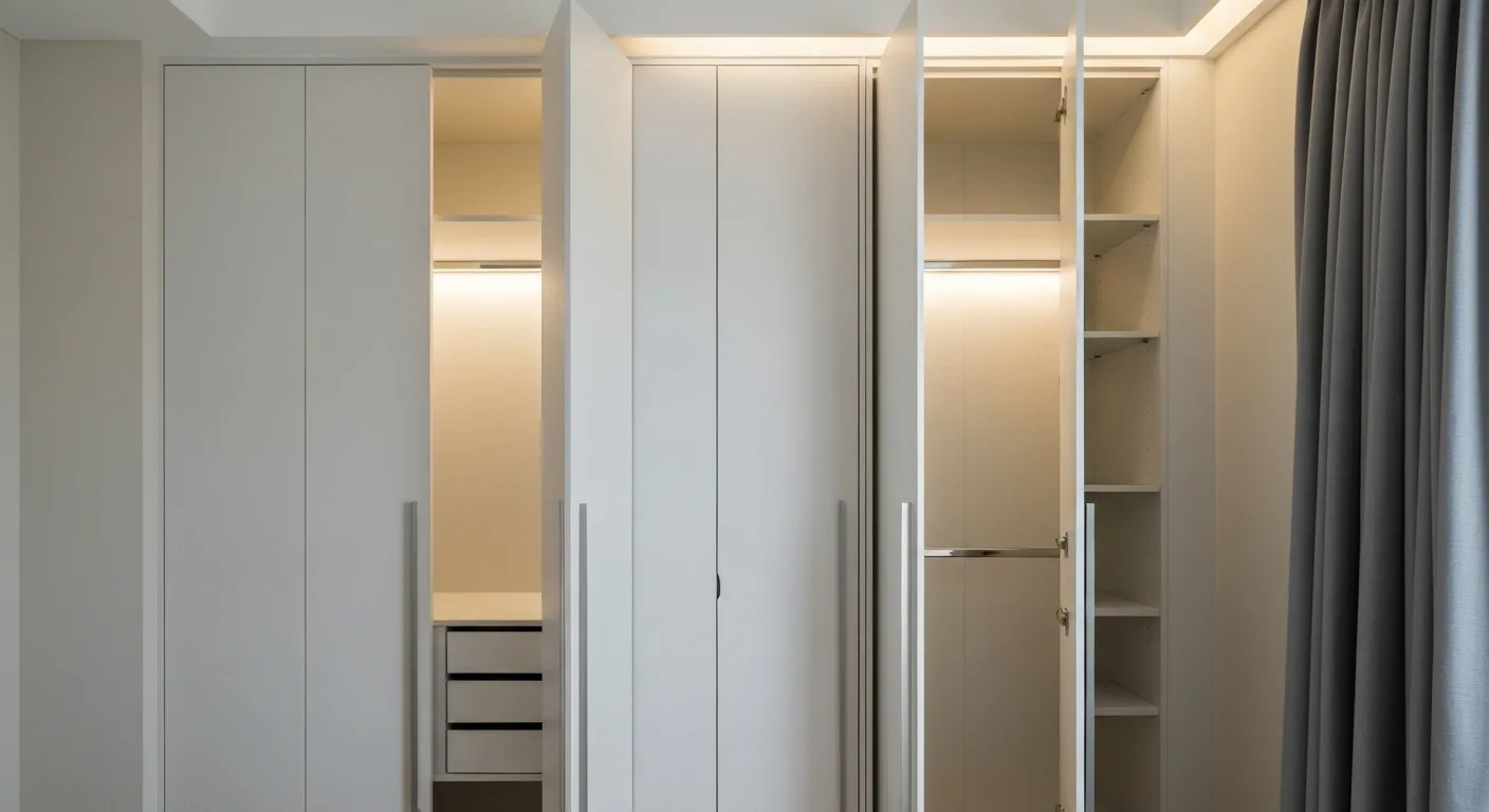 Hinged door wardrobe with soft-close mechanism