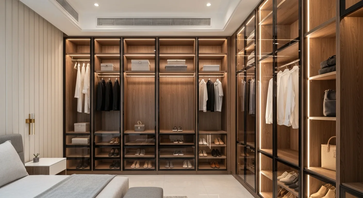 Walk-in wardrobe with LED lighting and accessories